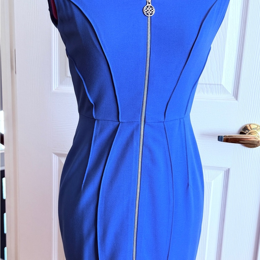 ANTONIO MELANI Vibrant Cobalt Blue Zip-Front Midi Sheath Dress
